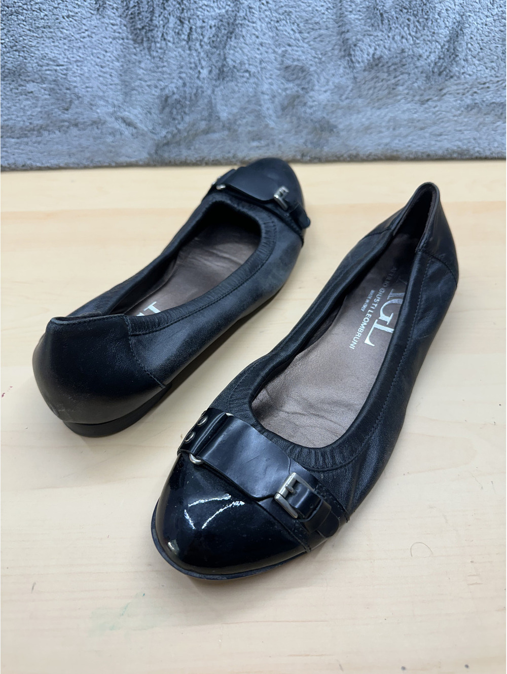AGL Black Leather Ballet Flats with Patent Toe Cap and Buckle Detail